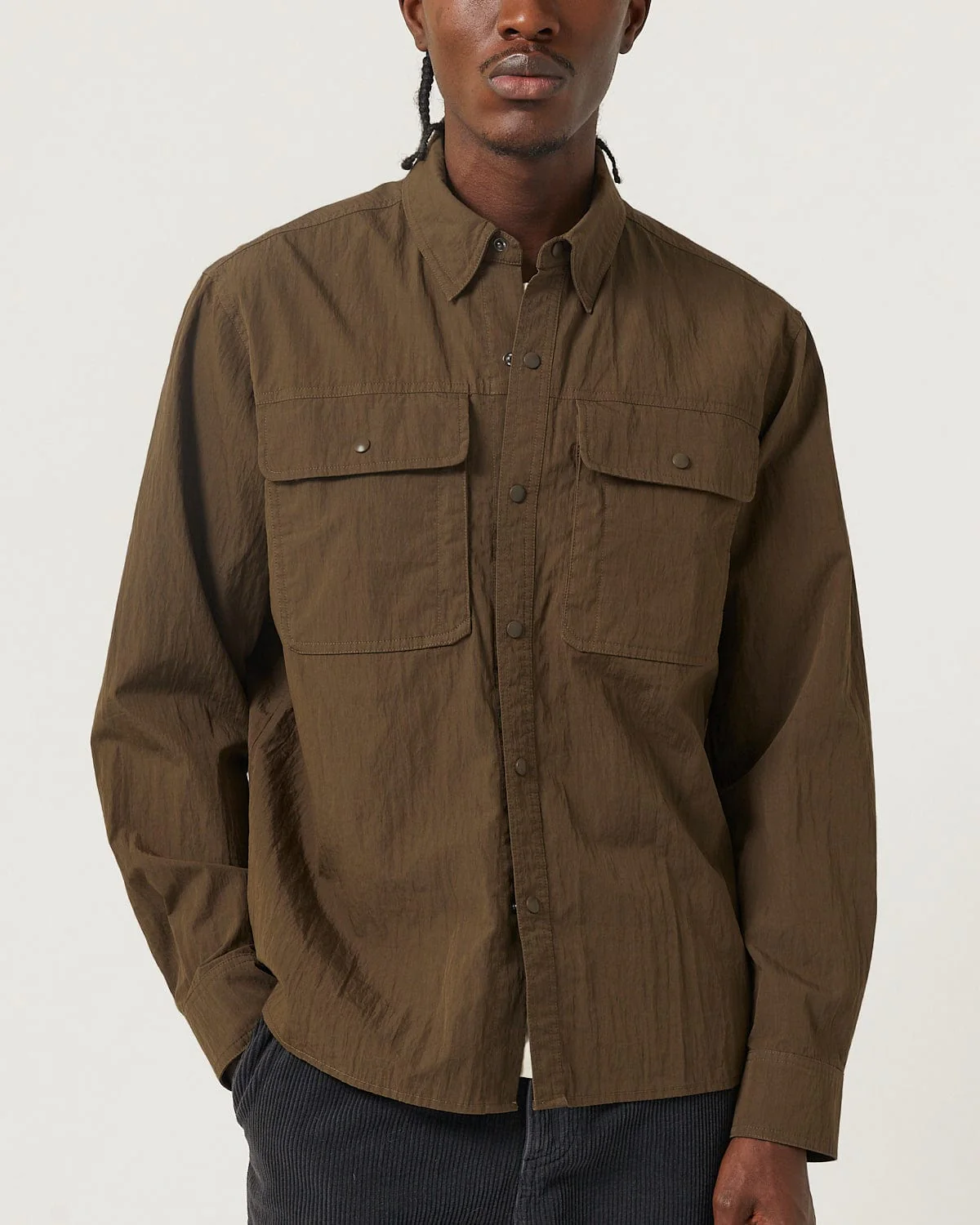 Crinkled Cotton Nylon Shirt - Brown - Image 4
